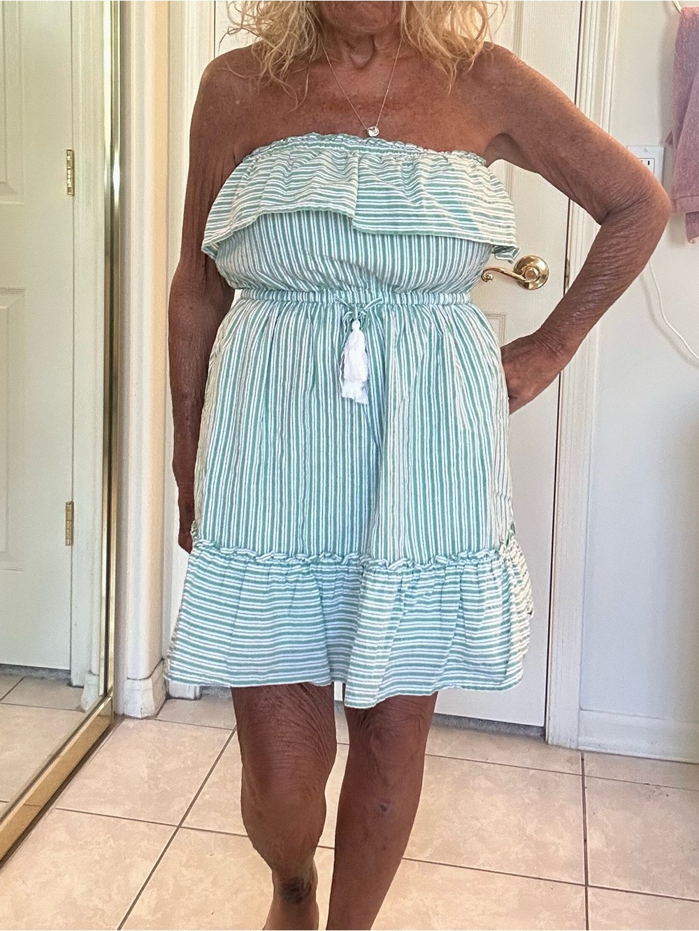 AEO Striped Strapless Ruffle Sundress - Green & white with pockets,lined NWOT S